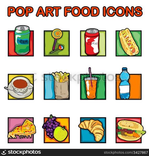 Classic clip art icons with cheeseburger, pizza, beer, soda, coffee, lollipop, juice, croissant, french, fries, fruits, pop art retro graphics