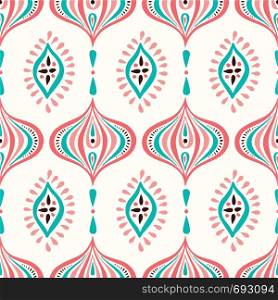 Classic Colorful Handdrawn Ogee and Diamonds Vector Seamless Pattern. Retro Blue and Pink Elegant Traditional Background Perfect for Textile and Stationery. Classic Colorful Handdrawn Ogee and Diamonds Vector Seamless Pattern. Retro Blue and Pink Elegant Traditional Background