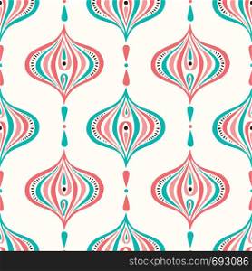 Classic Colorful Handdrawn Ogee Vector Seamless Pattern. Retro Blue and Pink Elegant Traditional Background Perfect for Textile and Stationery. Classic Colorful Handdrawn Ogee Vector Seamless Pattern. Retro Blue and Pink Elegant Traditional Background