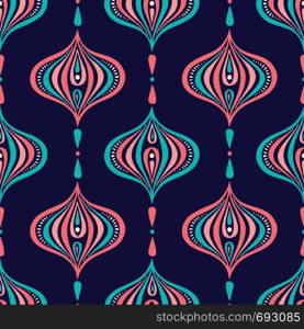 Classic Colorful Handdrawn Ogee Vector Seamless Patternon Dark Blue Background. Retro Blue and Pink Elegant Traditional Print Perfect for Textile and Stationery. Classic Colorful Handdrawn Ogee Vector Seamless Patternon Dark Blue Background. Retro Elegant Traditional Print