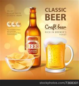 Classic craft beer poster with text s&le headline. Beverage poured in big mug. Foamy alcoholic drink with soft taste and chips vector illustration. Classic Craft Beer Poster Vector Illustration