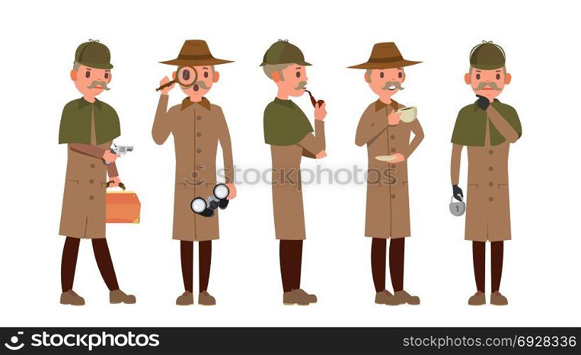 Classic Detective Vector. Retro Professional Funny Snoop, Shamus. Loking Through Magnifying Glass. Sleuthing, Disguising. Flat Cartoon Illustration. Detective Vector. Professional Vintage Tec, Snoop, Shamus, Spotter Man. Isolated Flat Cartoon Character Illustration