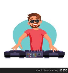 Classic Dj Vector. Playing Progressive Electro Music. Dj Playing, Mixing Music On Deck. Studio Concept. Cartoon Character Illustration. Professional Dj Vector. Playing Disco House Music. Mixing Music On Turntables. Party Dance Concept. Isolated On White Cartoon Character Illustration