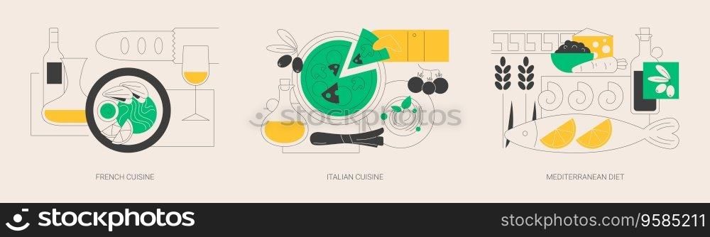 Classic european cuisine abstract concept vector illustration set. French and Italian cuisine, Mediterranean diet, fine dining restaurant, spaghetti recipe, healthy diet, gourmet abstract metaphor.. Classic european cuisine abstract concept vector illustrations.