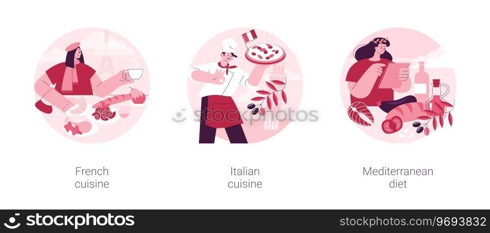 Classic european cuisine abstract concept vector illustration set. French and Italian cuisine, Mediterranean diet, fine dining restaurant, spaghetti recipe, healthy diet, gourmet abstract metaphor.. Classic european cuisine abstract concept vector illustrations.