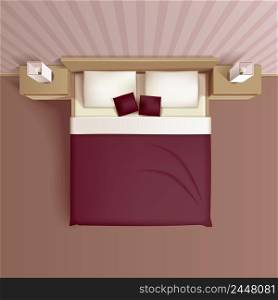 Classic family bedroom interior design with comfortable bed headboard pillows and nightstands top view realistic vector illustration . Bedroom Interior Top View Realistic Image