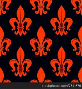 Classic french floral pattern with seamless orange fleur-de-lis ornament over blue background. Great for medieval interior, textile embellishment and background design. Orange fleur-de-lis floral seamless background