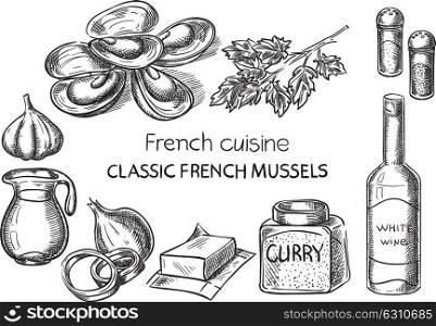 Classic French mussels. Creative conceptual vector. Sketch hand drawn french food recipe illustration, engraving, ink, line art, vector.