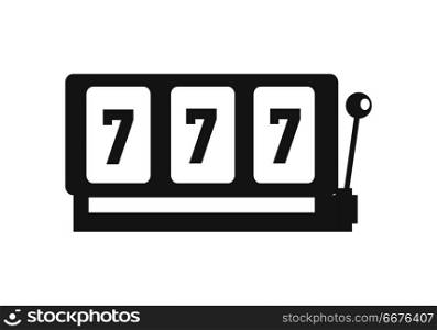 Classic Gambling Slot Machine Vector Illustration. Classic slot machine vector monochrome, black color. Gambling attraction with winning combination of sevens. One handle bandit