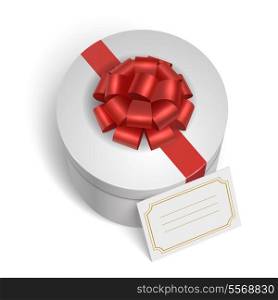 Classic gift box with red ribbon, bow and blank card for message isolated vector illustration