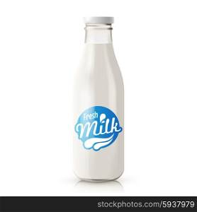 Classic glass milk bottle with blue label isolated on white background realistic vector illustration. Milk Bottle Realistic