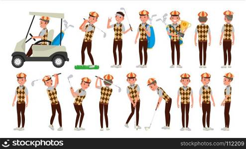 Classic Golf Player Vector. Swing Shot On Course. Diferent Poses. Flat Cartoon Illustration. Golf Player Male Vector. Hitting Golf Ball. Playing Man. Different Poses. Cartoon Character Illustration