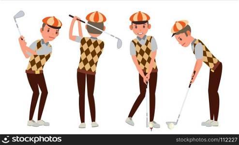 Classic Golf Player Vector. Swing Shot On Course. Diferent Poses. Flat Cartoon Illustration. Golf Player Vector. Playing Golfer Male. Different Poses. Isolated Flat Cartoon Character Illustration
