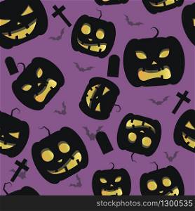 Classic Halloween seamless pattern design with pumpkin and bat on violet background. Classic seamless pattern design with pumpkin and bat on violet background