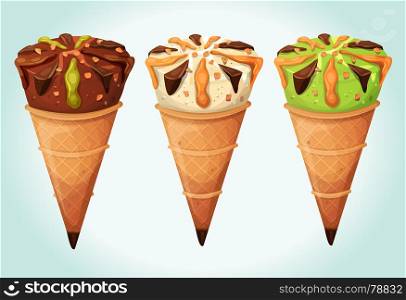 Classic Ice Cream Cones Set. Illustration of an appetizing set of cartoon icecream inside wafer cones, with flavors of vanilla, chocolate, mint or pistachio, for glacier menu
