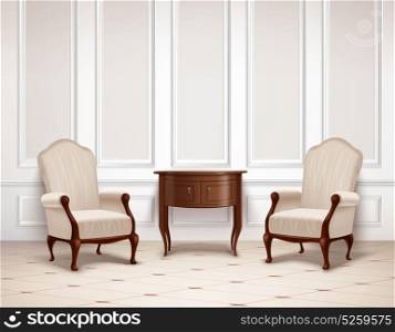 Classic Interior Design. Classic interior design with molding on wall, dark wooden table and armchairs on light floor vector illustration