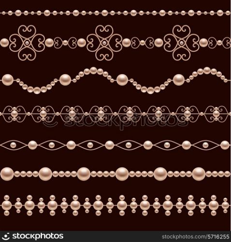 Classic jewelry pearl accessory decorative realistic borders set isolated vector illustration