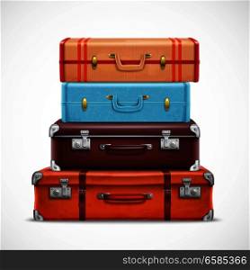Classic leather retro travel suitcases pile brown blue with straps front view realistic 3d set vector illustration . Retro Travel Luggage Suitcases Realistic Set
