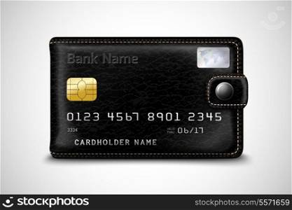 Classic modern black wallet with leather texture as a bank secure plastic credit card with chip concept isolated vector illustration