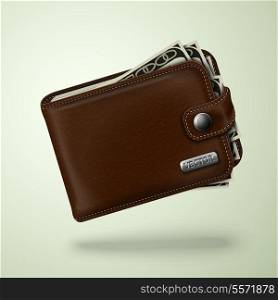 Classic modern brown leather pocket closed fat wallet filled with dollar banknotes vector illustration