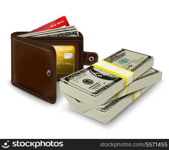 Classic modern brown leather pocket open wallet with credit card money bills and bank roll vector illustration