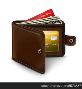 Classic modern brown leather pocket open wallet with credit card money bills and id document vector illustration