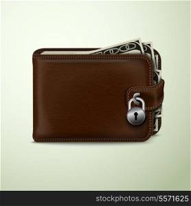 Classic modern brown leather wallet with dollar banknotes locked with padlock financial security concept vector illustration