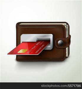 Classic modern brown wallet with leather texture as an atm bank machine slot with credit card concept isolated vector illustration