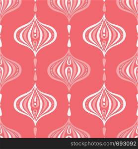 Classic Monochrome Coral Handdrawn Ogee Vector Seamless Pattern. Retro Pink Elegant Traditional Background Perfect for Textile and Stationery. Classic Monochrome Coral Handdrawn Ogee Vector Seamless Pattern. Retro Pink Elegant Traditional Background