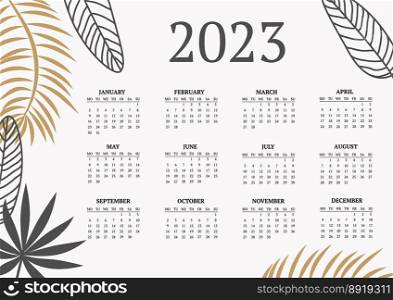 classic monthly calendar for 2023. Calendar with palm and monstera leaves, white and gold color.. classic monthly calendar for 2023. Calendar with palm and monstera leaves, white and gold color