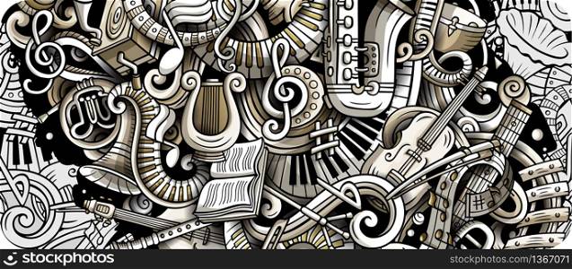 Classic Music hand drawn doodle banner. Cartoon detailed flyer. Musical identity with objects and symbols. Monochrome vector design elements background. Classic Music hand drawn doodle banner. Cartoon detailed flyer.
