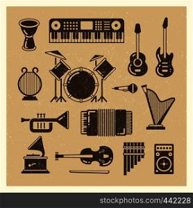 Classic music instruments grunge silhouettes set. Vector musical instrument and music sound illustration. Classic music instruments grunge silhouettes set