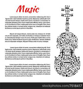 Classic music poster with violin silhouette created of musical notes, treble and bass clefs with strings in a shape of stave, tuning pegs as rests and sound posts as forte symbols. Music theme design. Musical poster with violin shape and notes