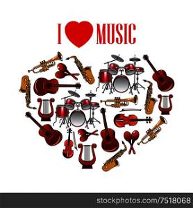 Classic musical instruments shaped in a heart symbol for I Love Music concept design with cartoon icons of trumpets and saxophones, drums, acoustic guitars and violins, maracas and vintage greek lyres. Heart with musical instruments for arts design