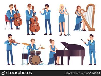 Classic musicians. Singers performing, symphony concert with orchestra instruments cello, piano and clarinet vector jazz and classical characters. Classic musicians. Singers performing, symphony concert with orchestra instruments cello, piano and clarinet vector characters