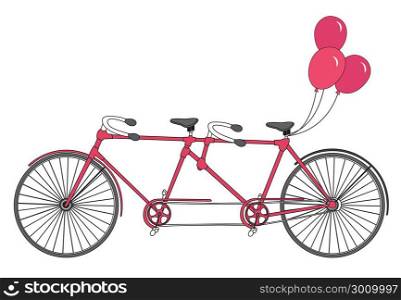 Classic old retro romantic tandem bicycle with balloons vector isolated on a white background.