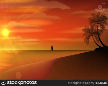 classic old sailboat on a sunset skyline sky light background with palm tree on foreground .vector