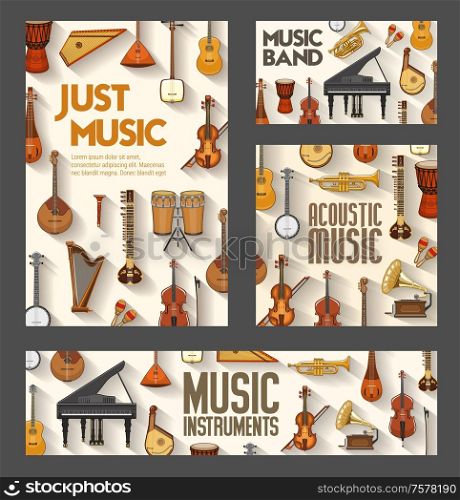 Classic orchestra, jazz and folk music instruments posters. Vector acoustic music concert and sound band festival, piano, gramophone, Russian balalaika and Greek sitar, African drums and Japanese biwa. Music instruments, jazz, orchestra, folk concert