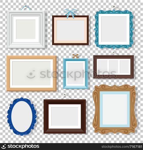 Classic photo frames. Vectors vintage wood frames isolated on transparent, old design empty square and round photo frame set. Classic photo frames on transparent