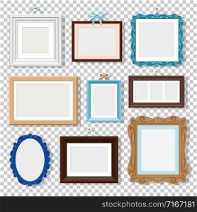 Classic photo frames. Vectors vintage wood frames isolated on transparent, old design empty square and round photo frame set. Classic photo frames on transparent