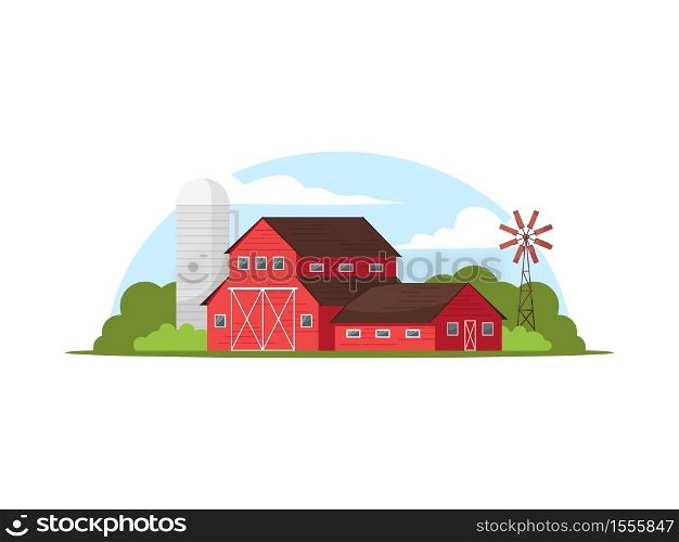 Classic red farmhouse semi flat vector illustration. Silo tower beside willa. Windmill on countryside ranch. Local agricultural business. Farm 2D cartoon object for commercial use. Classic red farmhouse semi flat vector illustration