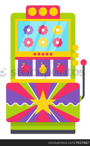 Classic retro arcade machine with joystick with colorful flowers and fruits on screen isolated on white. Old Vintage playing device, gaming room. Win money in slot mashine. Flat cartoon. Retro Machine with Joystick with Colorful Flowers