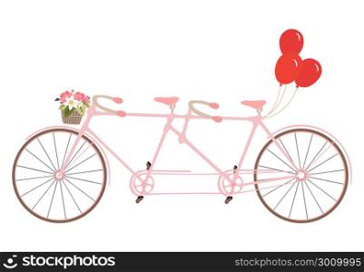 Classic romantic tandem bicycle with balloons. Vector.