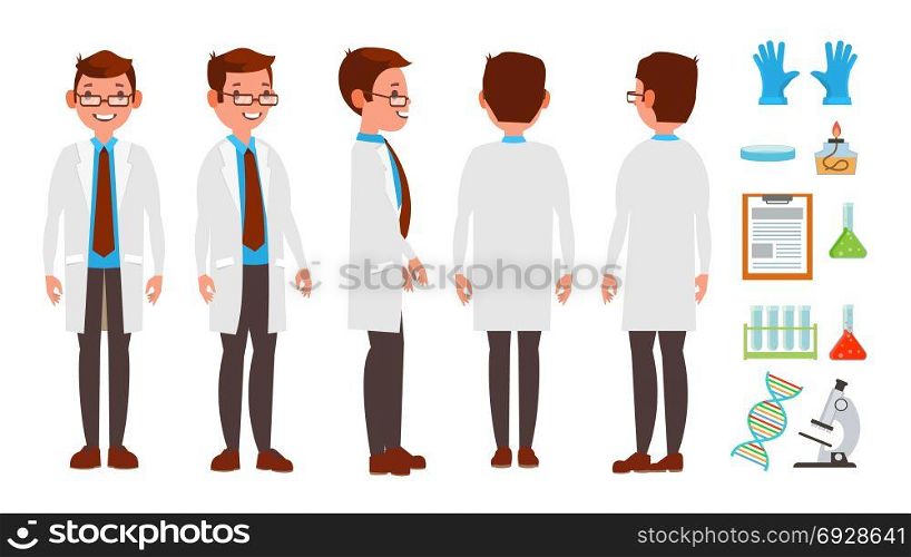 Classic Scientist Vector. Science Experiment. Research And Exploration. Biological Laboratory Worker. Flat Cartoon Illustration. Scientist Character Vector. Friendly Funny Professor. Chemistry Laboratory Specialists. Isolated Flat Cartoon Illustration