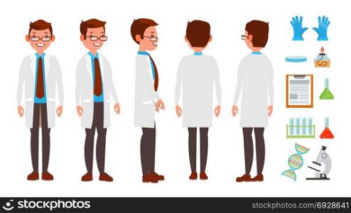Classic Scientist Vector. Science Experiment. Research And Exploration. Biological Laboratory Worker. Flat Cartoon Illustration. Scientist Character Vector. Friendly Funny Professor. Chemistry Laboratory Specialists. Isolated Flat Cartoon Illustration