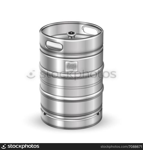 Classic Stainless Steel Beer Keg Barrel Vector. Blank Standard Aluminum Sealed Keg With Special Valve Fitting For Alcoholic Brewing Drink Production. Pub Container Realistic 3d Illustration. Classic Stainless Steel Beer Keg Barrel Vector