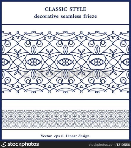 Classic thin line seamless edging design. Vector linear lace pattern. Floral decorative motif. Retro style horizontal ornament. Classic thin line seamless edging design. Vector linear lace pattern. Retro style horizontal ornament