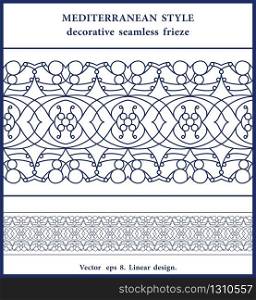 Classic thin line seamless frieze design. Vector linear openwork pattern. Floral decorative motif. Retro style horizontal ornament. Classic thin line seamless frieze design. Vector linear openwork pattern. Retro style horizontal ornament
