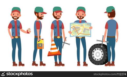 Classic Truck Driver Vector. Retro Professional Funny Automobile Driver. Sleuthing, Disguising. Flat Cartoon Illustration. Truck Driver Vector. Professional Worker Man. Isolated Flat Cartoon Character Illustration