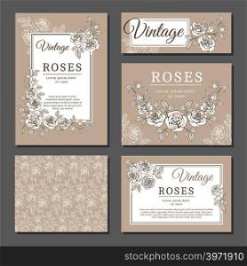 Classic wedding vintage invitation cards with roses and floral elements vector templates. Invitation card wedding with floral vintage pattern illustration. Classic wedding vintage invitation cards with roses and floral elements vector templates